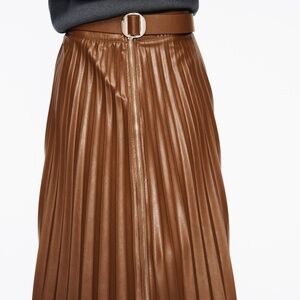 ZARA High-Waisted Whiskey Brown Pleated Midi Skirt